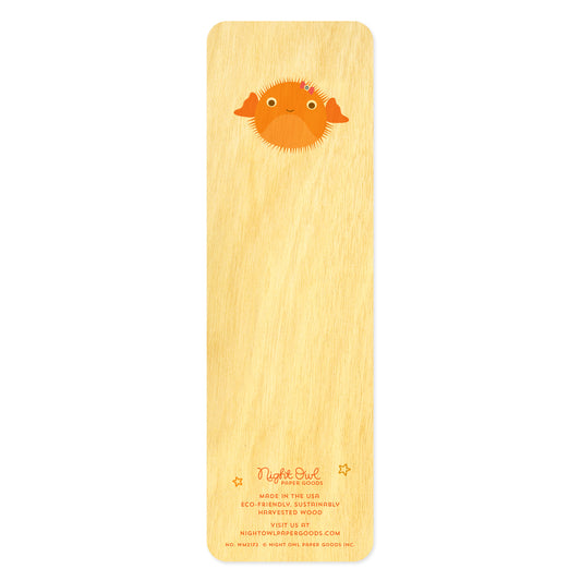 Back of birch wood bookmark with a cute orange puffer fish. At the bottom: Night Owl Paper Goods script logo with text reading "Made in the USA - Eco-Friendly Sustainably Harvested Wood - Visit us at nightowlpapergoods.com."