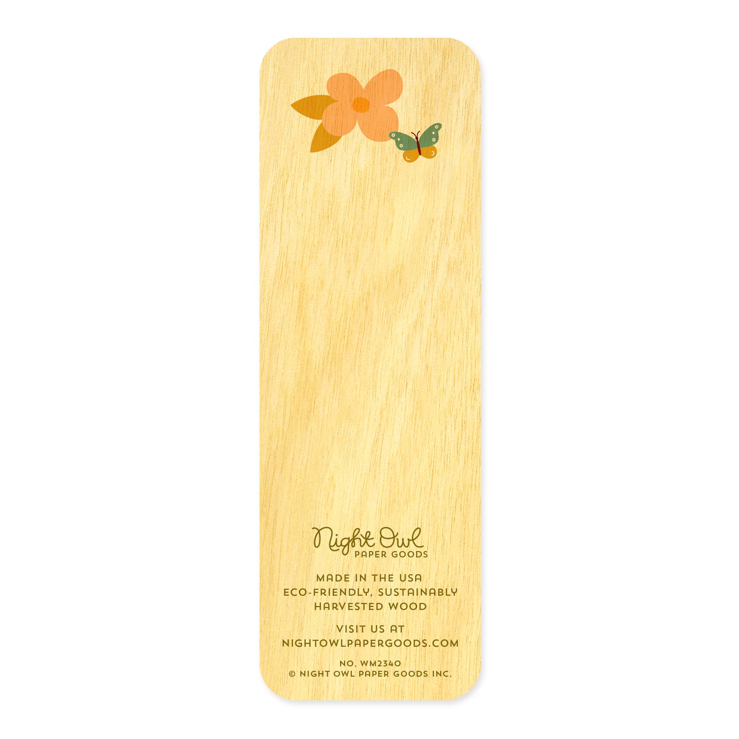 Back of Mom Time birch wood mini bookmark featuring a light pink flower and colorful butterfly. At the bottom, the Night Owl Paper Goods script logo appears above text reading "Made in the USA - Eco-Friendly Sustainably Harvested Wood - Visit us at nightowlpapergoods.com."