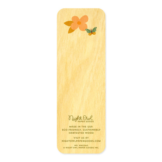 Back of Mom Time birch wood mini bookmark featuring a light pink flower and colorful butterfly. At the bottom, the Night Owl Paper Goods script logo appears above text reading "Made in the USA - Eco-Friendly Sustainably Harvested Wood - Visit us at nightowlpapergoods.com."