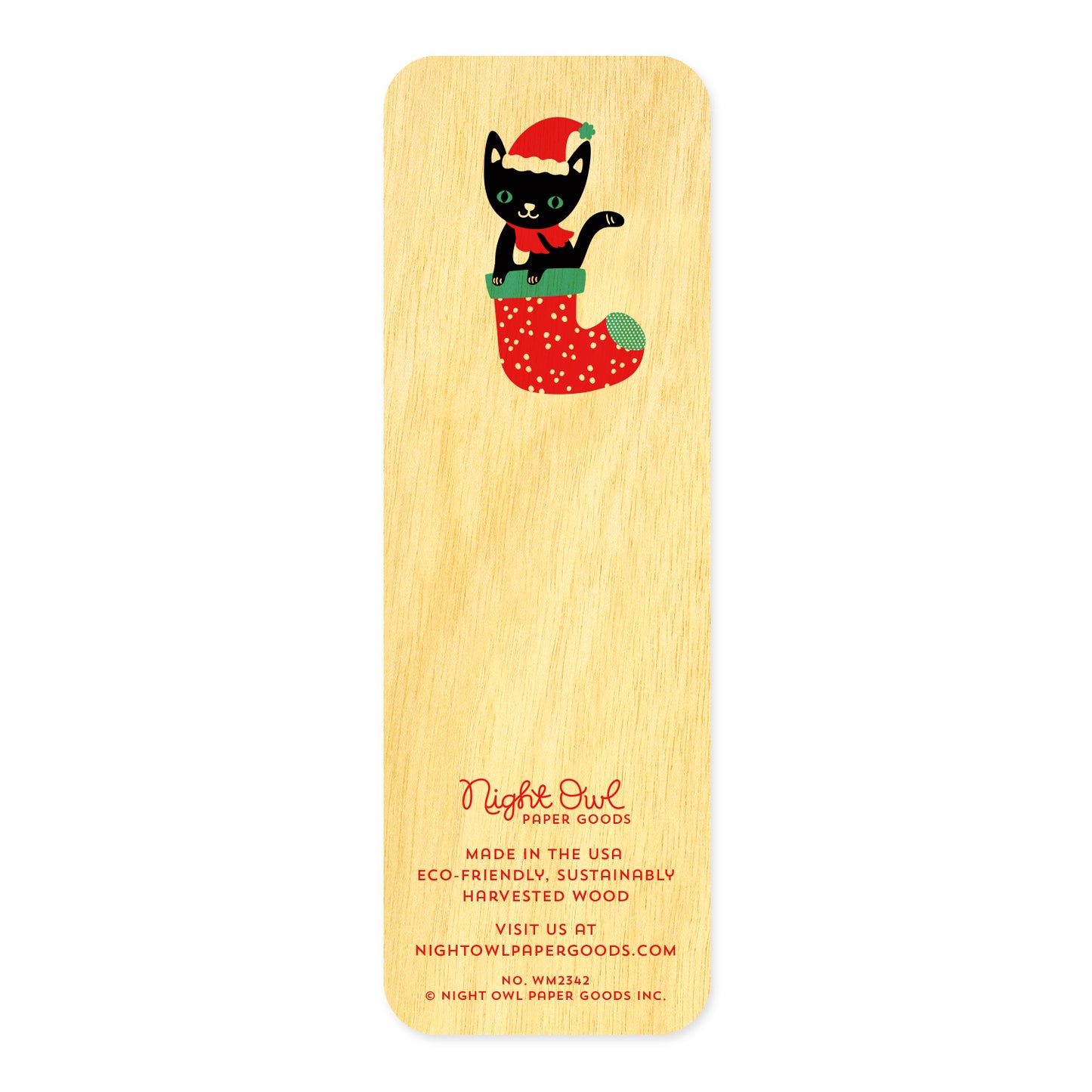Back of Stocking Cats birch wood mini bookmark, featuring a black cat wearing a red Santa hat and scarf, sitting in a red Christmas stocking. At the bottom, the Night Owl Paper Goods script logo appears above text reading "Made in the USA - Eco-Friendly Sustainably Harvested Wood - Visit us at nightowlpapergoods.com."