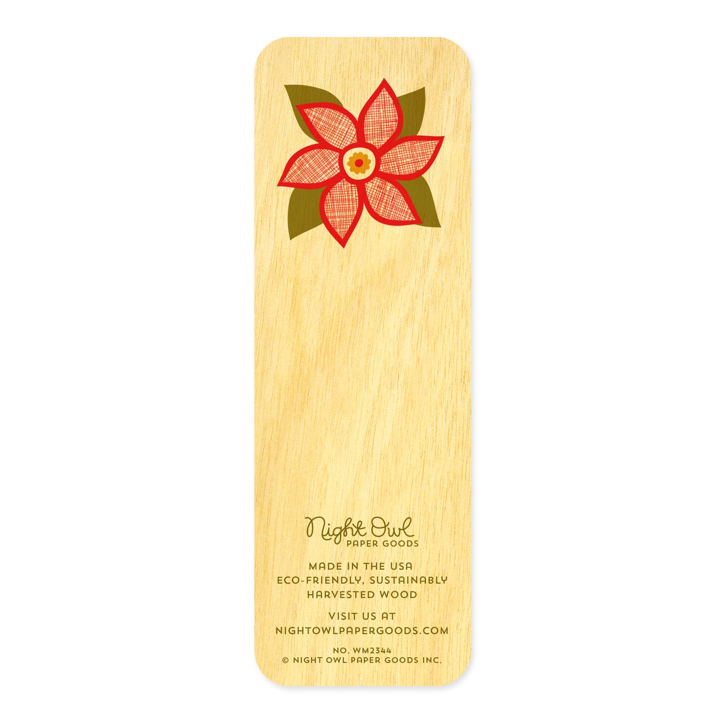 Back of Poinsettias birch wood mini bookmark, featuring a red poinsettia flower with olive green leaves and textured crosshatch detailing. At the bottom, the Night Owl Paper Goods script logo appears above text reading "Made in the USA - Eco-Friendly Sustainably Harvested Wood - Visit us at nightowlpapergoods.com."