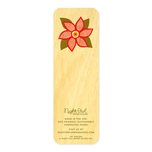 Back of Poinsettias birch wood mini bookmark, featuring a red poinsettia flower with olive green leaves and textured crosshatch detailing. At the bottom, the Night Owl Paper Goods script logo appears above text reading "Made in the USA - Eco-Friendly Sustainably Harvested Wood - Visit us at nightowlpapergoods.com."