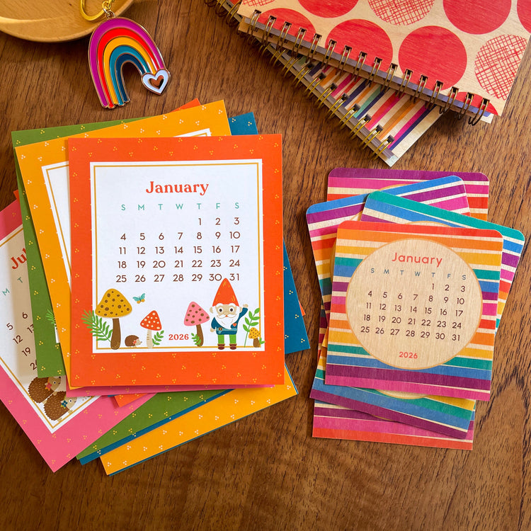 2026 Gnome and Woodland Desk Calendar and 2026 Wood Rainbow Stripes Desk Calendar