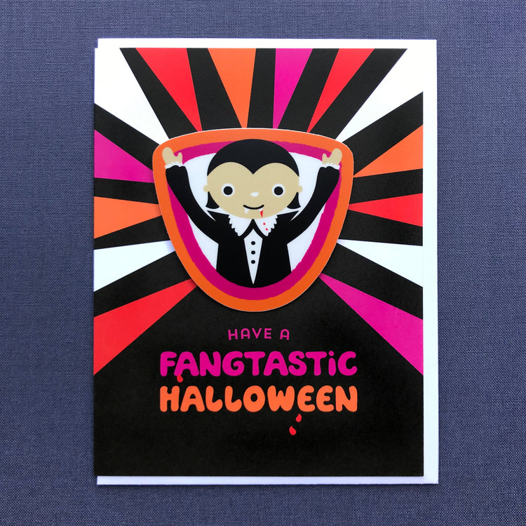Happy cute vampire halloween greeting card with sentient Have a Fangtastic Halloween colors are black red, hot pink, orange, magenta