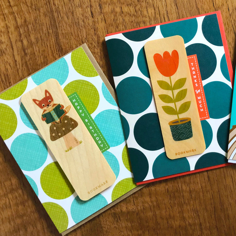 Greeting cards that include a removable real wood bookmark, ready to slip into any favorite book. 
