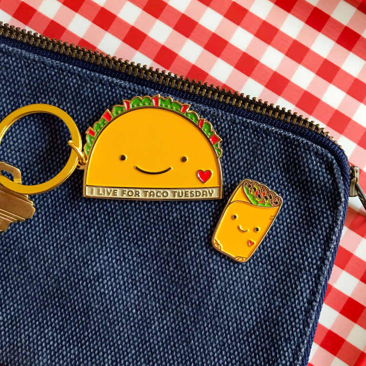 Cute taco keychain with smile face and heart it reads I live for Taco Tuesday, enamel pin of stuffed burrito with smile face and heart both on a foodie background
