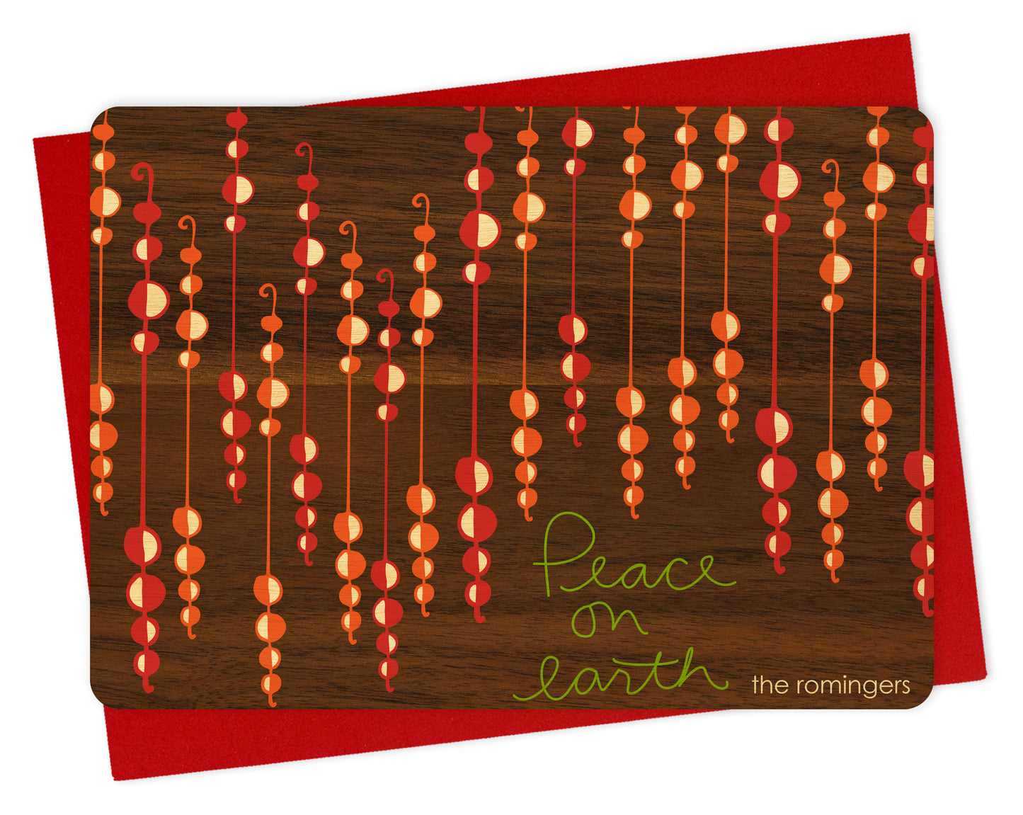 Customizable wood holiday card featuring festive beaded garlands with “Peace on Earth” text on a printed walnut wood grain background. Shown with a red envelope.
