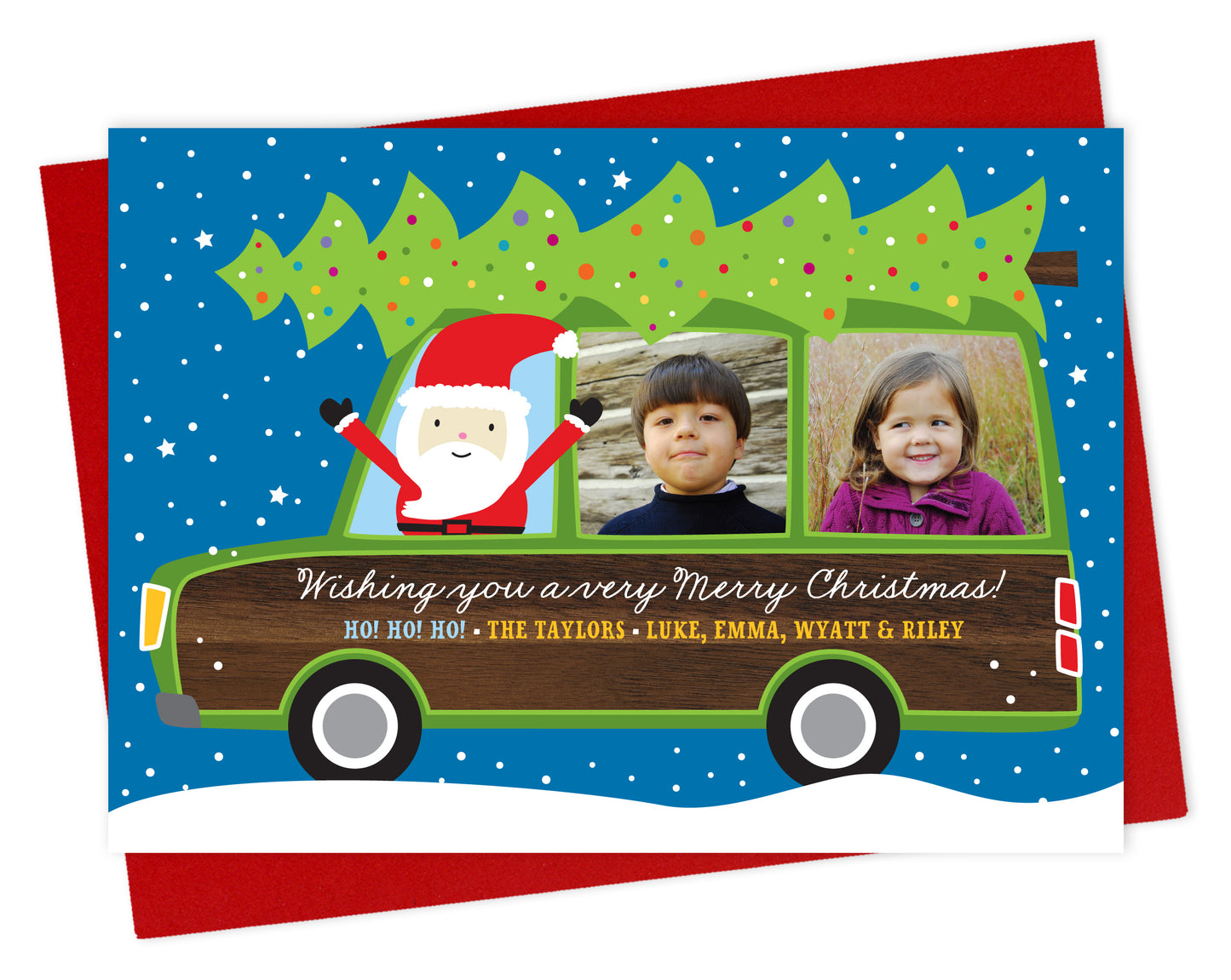 Customizable paper holiday card featuring your family photos in the windows of a wood-paneled station wagon with Santa driving and a personal greeting on the side of the car. Shown with a red envelope.