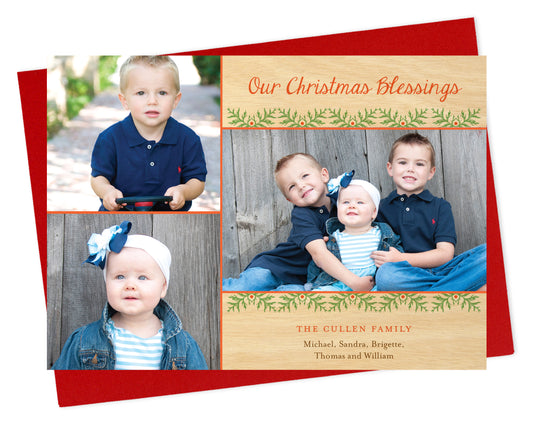 Customizable paper holiday card with three photos bordered by printed birch wood grain background, festive garland and a personal greeting. Shown with a red envelope.