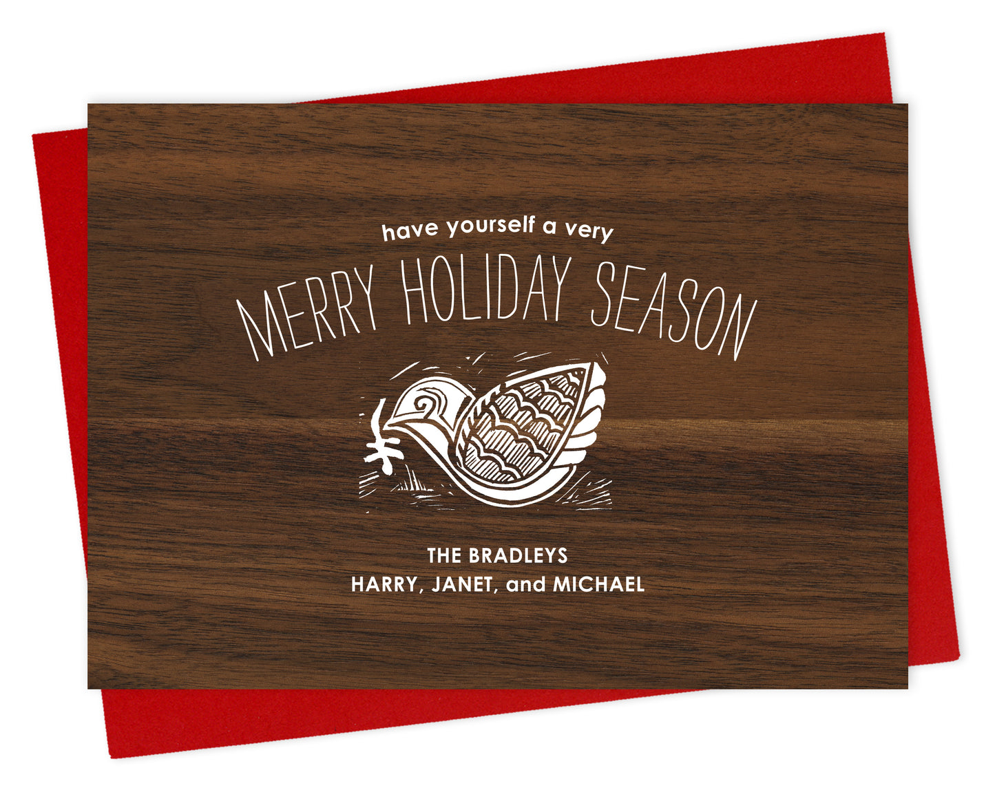 Customizable paper holiday card with a knock-out style dove, “Have Yourself a Merry Holiday Season” text and a personal message on a printed walnut wood grain background. Shown with a red envelope.