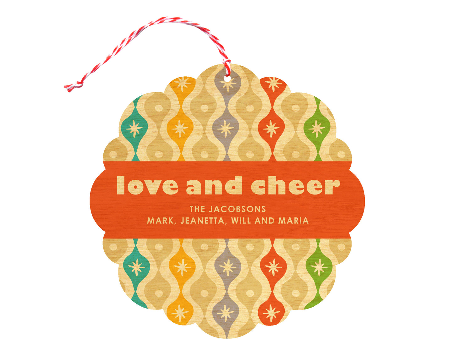 Front of customizable birch wood holiday ornament card featuring a colorful vintage ornament pattern "love and cheer" text and a personal message. Round ornament with scalloped edges.