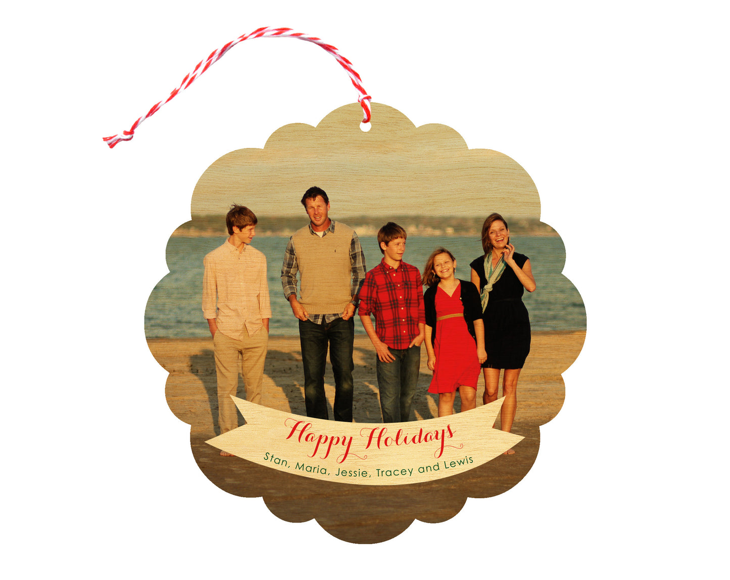 Front of customizable wood holiday ornament card featuring a photo, “Happy Holidays” greeting and personal message. Round ornament with scalloped edges.