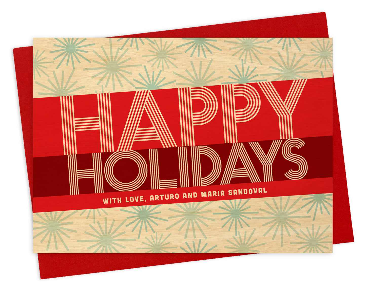 Customizable paper holiday card featuring a bold red banner with "Happy Holidays" text and a personal greeting on a snowflake-covered printed birch wood grain background. Shown with a red envelope.