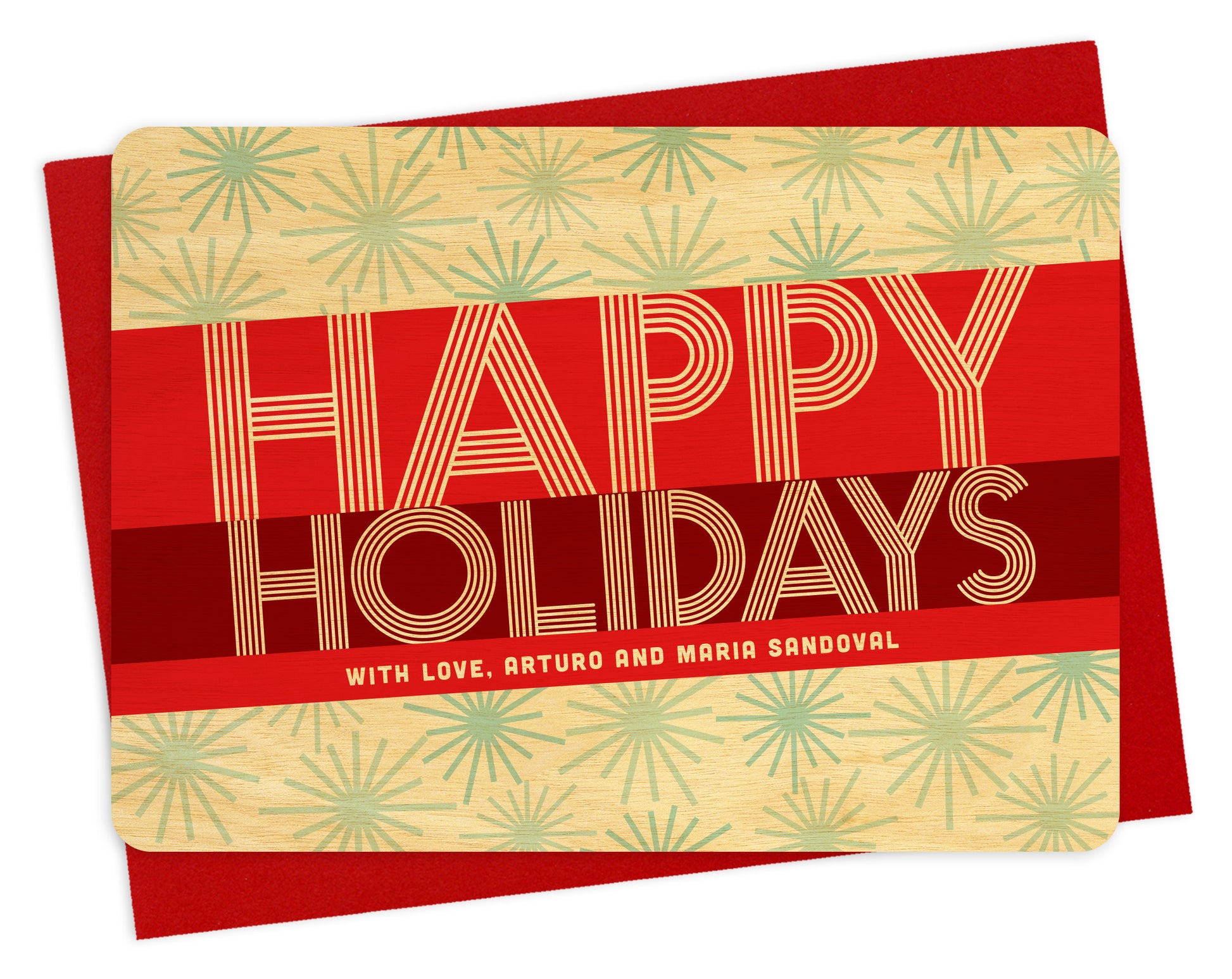Customizable wood holiday card featuring a bold red banner with "Happy Holidays" text and a personal greeting on a snowflake-covered birch wood grain background. Shown with a red envelope.