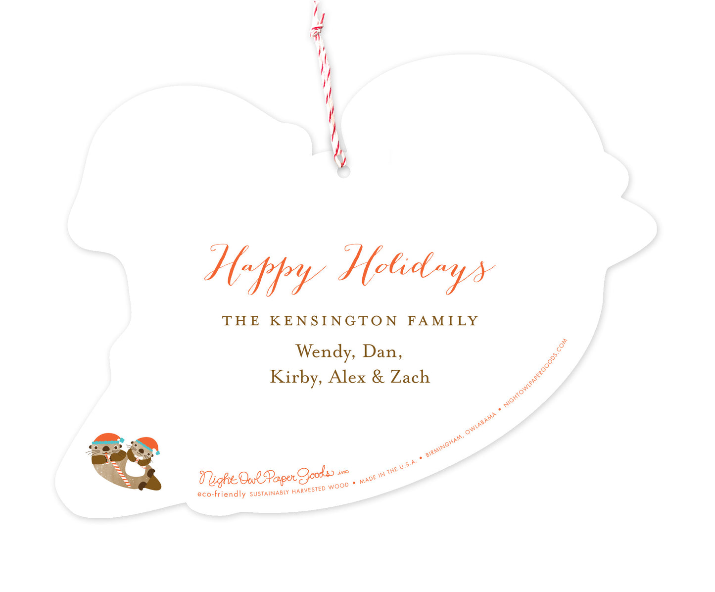 Back of customizable die-cut paper Christmas ornament card with a small santa otter graphic and a personal message.
