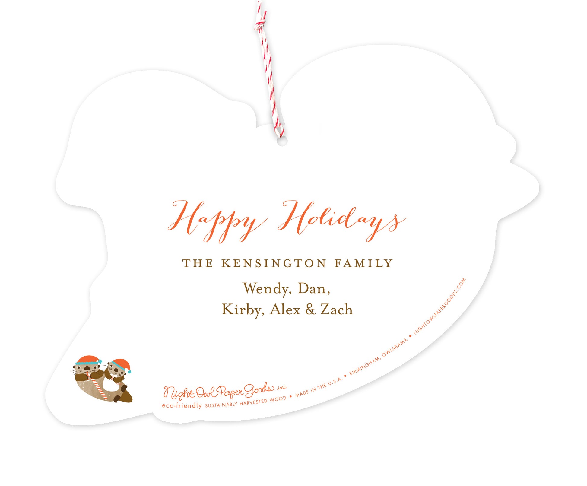 Back of customizable die-cut paper Christmas ornament card with a small santa otter graphic and a personal message.