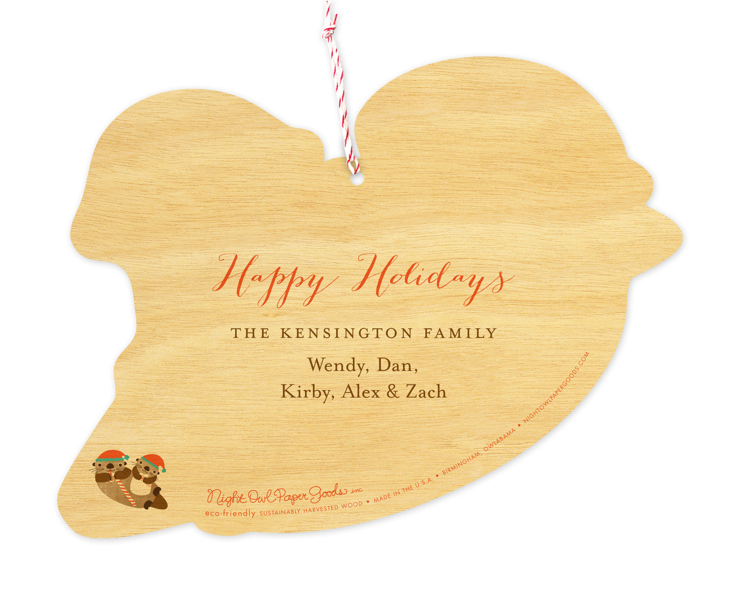 Back of customizable die-cut wood Christmas ornament card with a small santa otter graphic and a personal message.