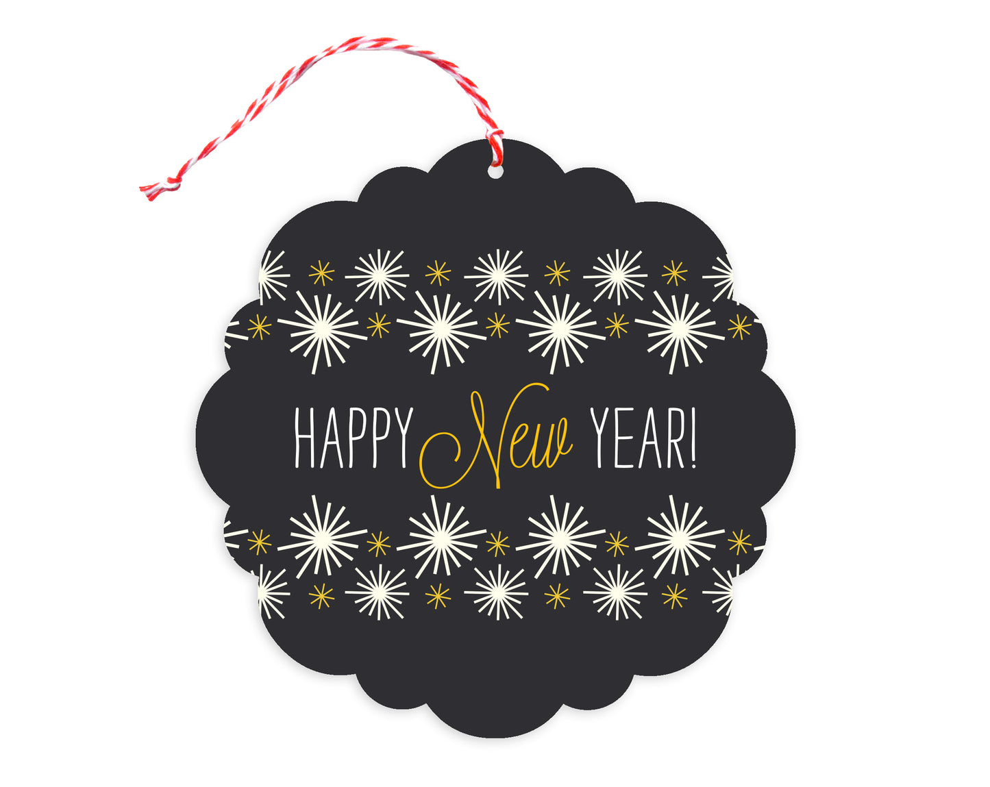 Front of customizable paper holiday ornament card with "Happy New Year!" text on a black background with gold and white stars. Round ornament with scalloped edges.