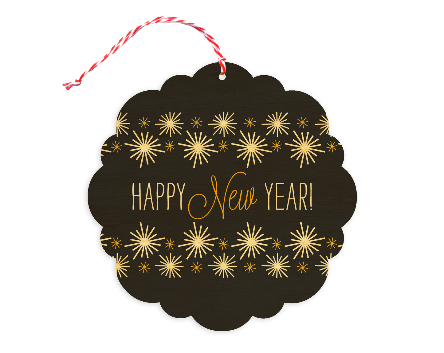 Front of customizable birch wood holiday ornament card with "Happy New Year!" text on a black background with gold stars. Round ornament with scalloped edges.