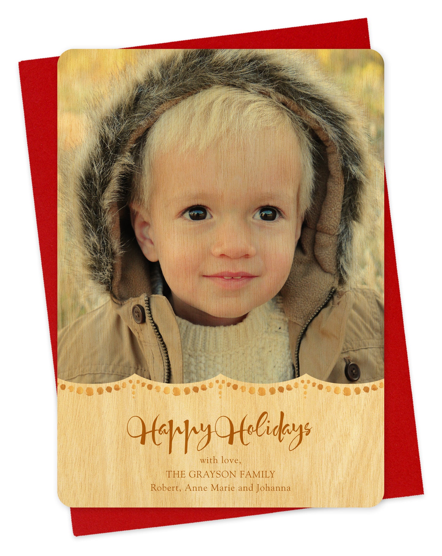 Customizable wood holiday card featuring your photo, a gold dot pattern, 'Happy Holidays' text and a personal greeting. Shown on a red envelope.