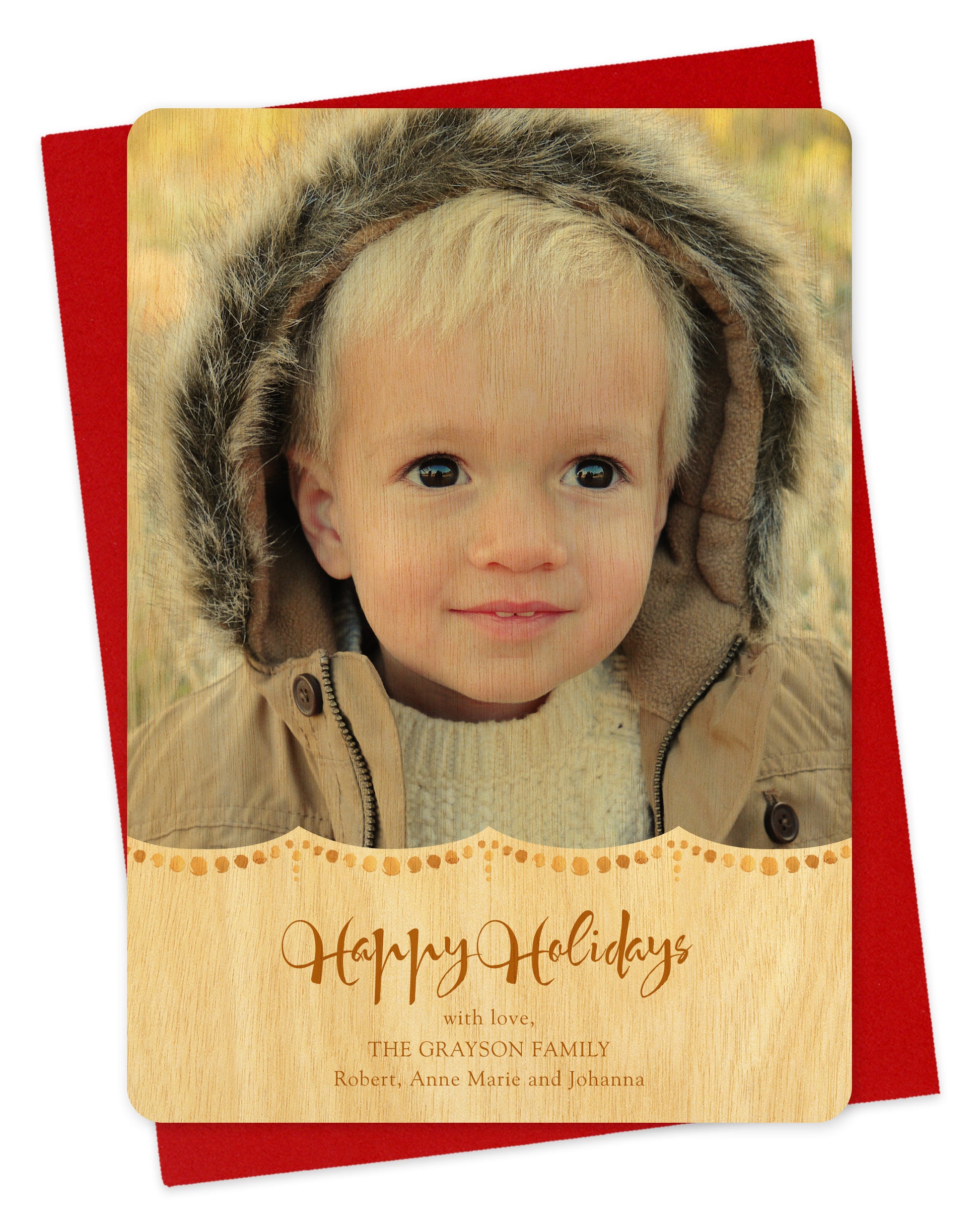 Customizable wood holiday card featuring your photo, a gold dot pattern, 'Happy Holidays' text and a personal greeting. Shown on a red envelope.