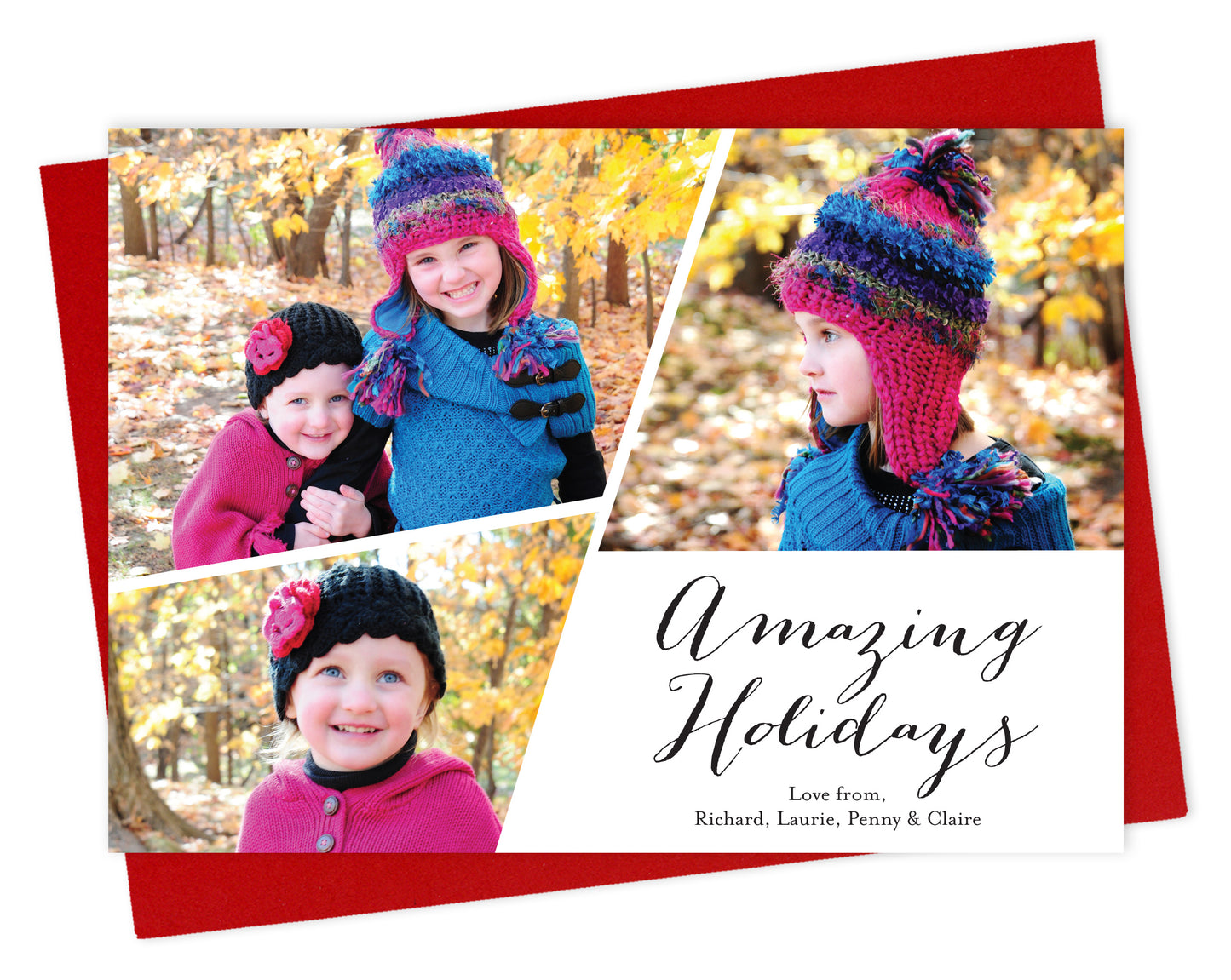 Customizable paper holiday card showcasing 3 photos cropped at angles, Amazing Holidays" text and a personal greeting, framed by a white background. Shown with a red envelope.