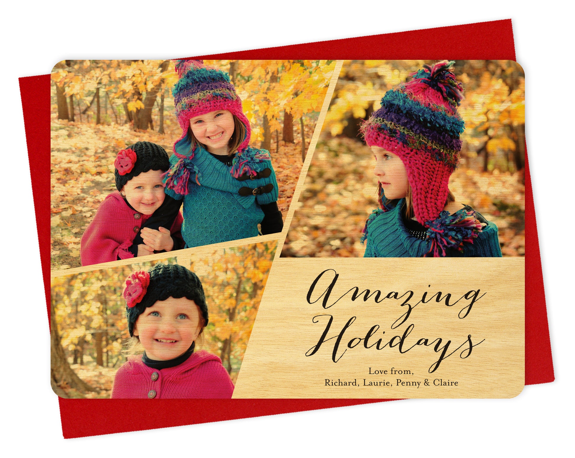 Customizable wood holiday card showcasing 3 photos cropped at angles, Amazing Holidays" text and a personal greeting, framed by a birch wood background. Shown with a red envelope.