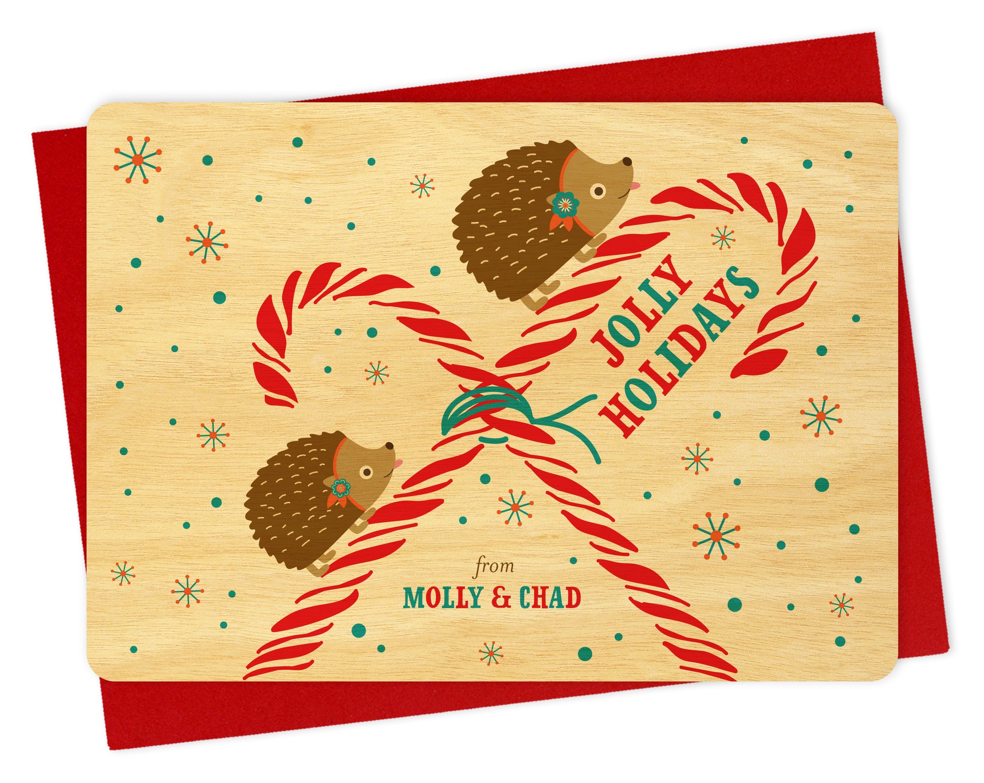 Customizable wood holiday card featuring hedgehogs and candy canes on a snowy birch wood grain background with "Jolly Holidays" text and a personal greeting. Shown with a red envelope.
