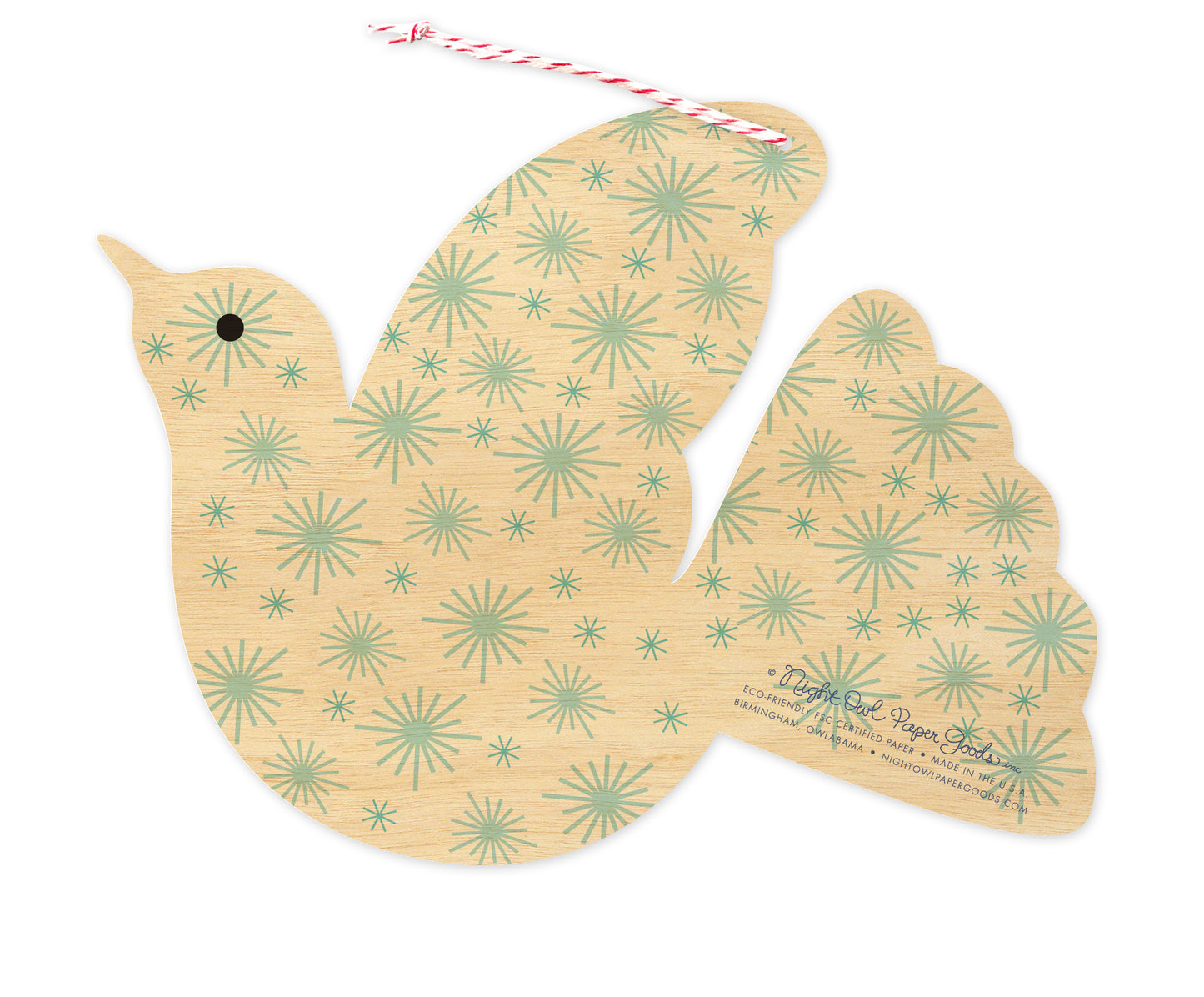 Back of paper personalized dove-shaped holiday ornament card with a star pattern on a printed birch wood background.