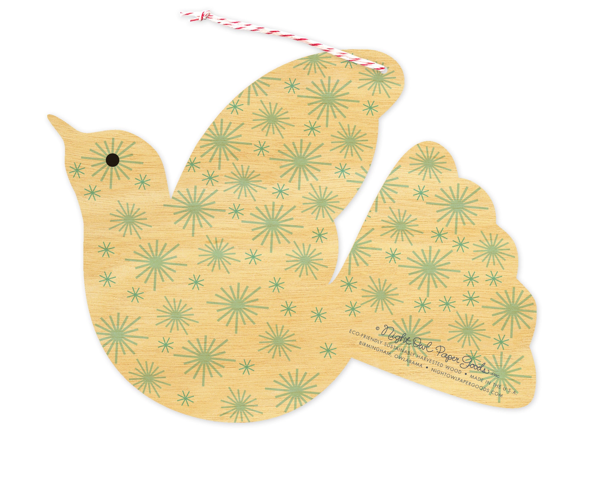 Back of wood personalized dove-shaped holiday ornament card with a star pattern.