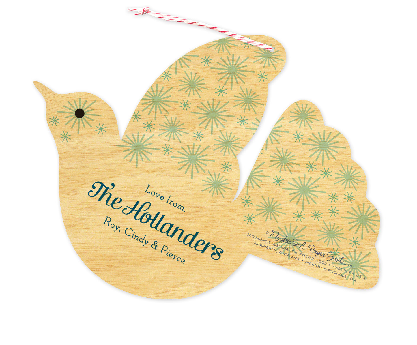 Back of personalized dove-shaped birch wood holiday ornament card with a personal greeting and a star pattern.