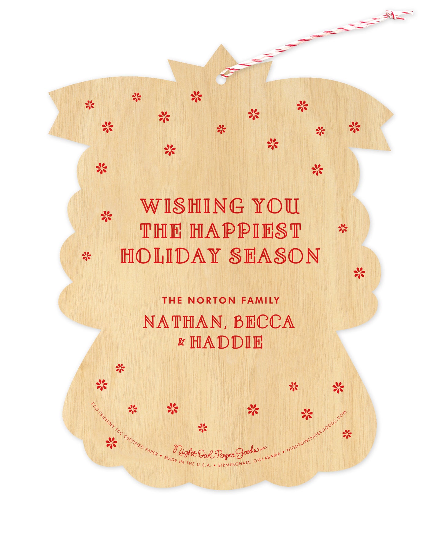 Back of customizable angel-shaped paper Christmas ornament card with gold stars and a personal message on a printed birch wood grain background.