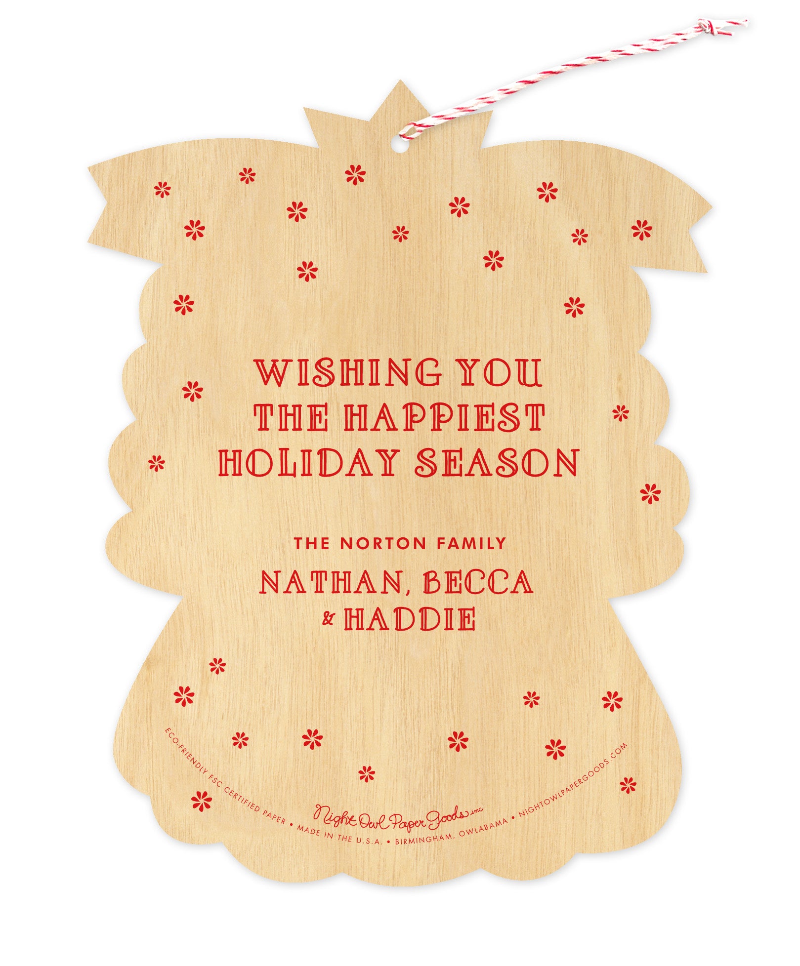 Back of customizable angel-shaped paper Christmas ornament card with gold stars and a personal message on a printed birch wood grain background.