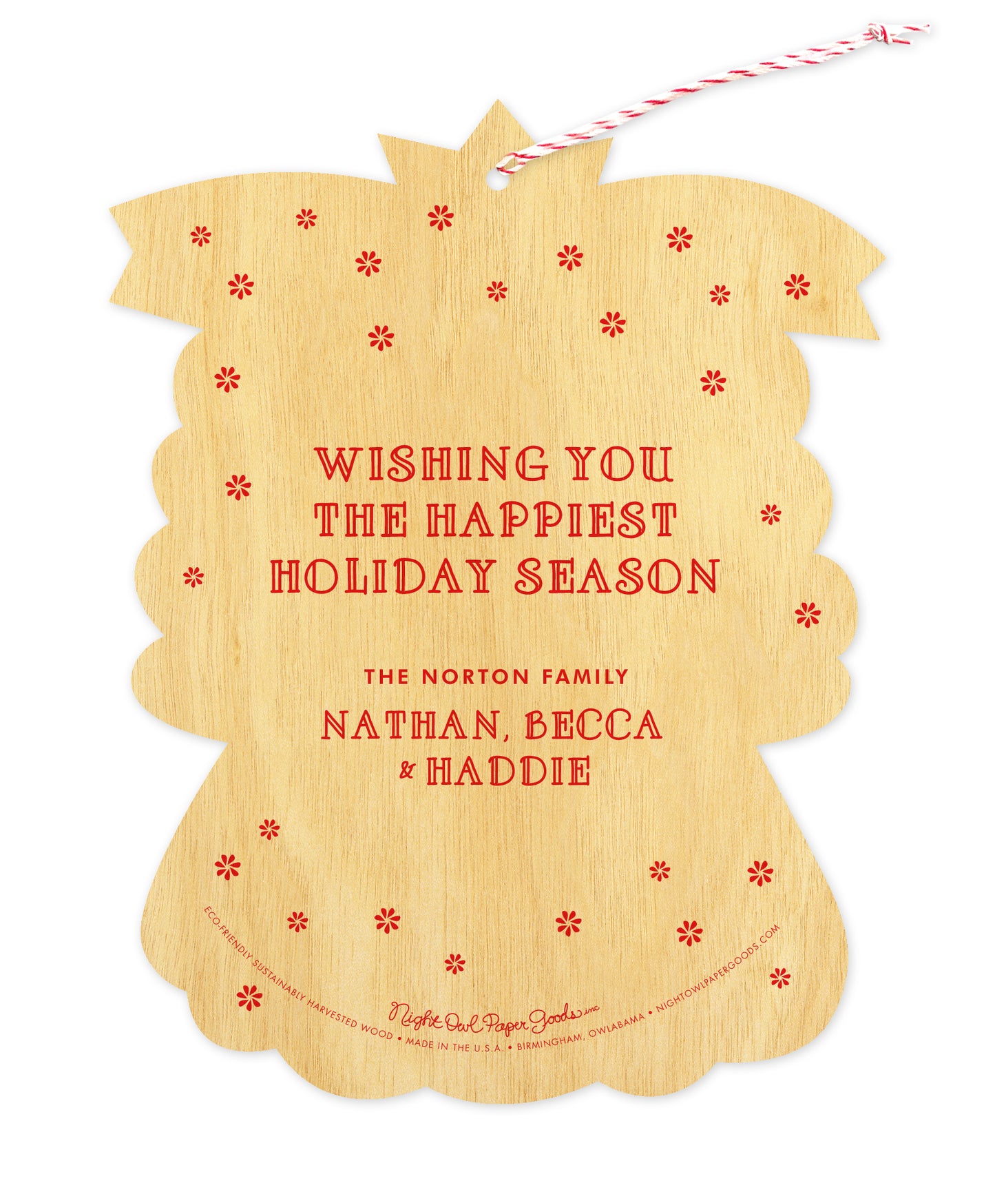Back of customizable angel-shaped wood Christmas ornament card with red flowers and a personal message.