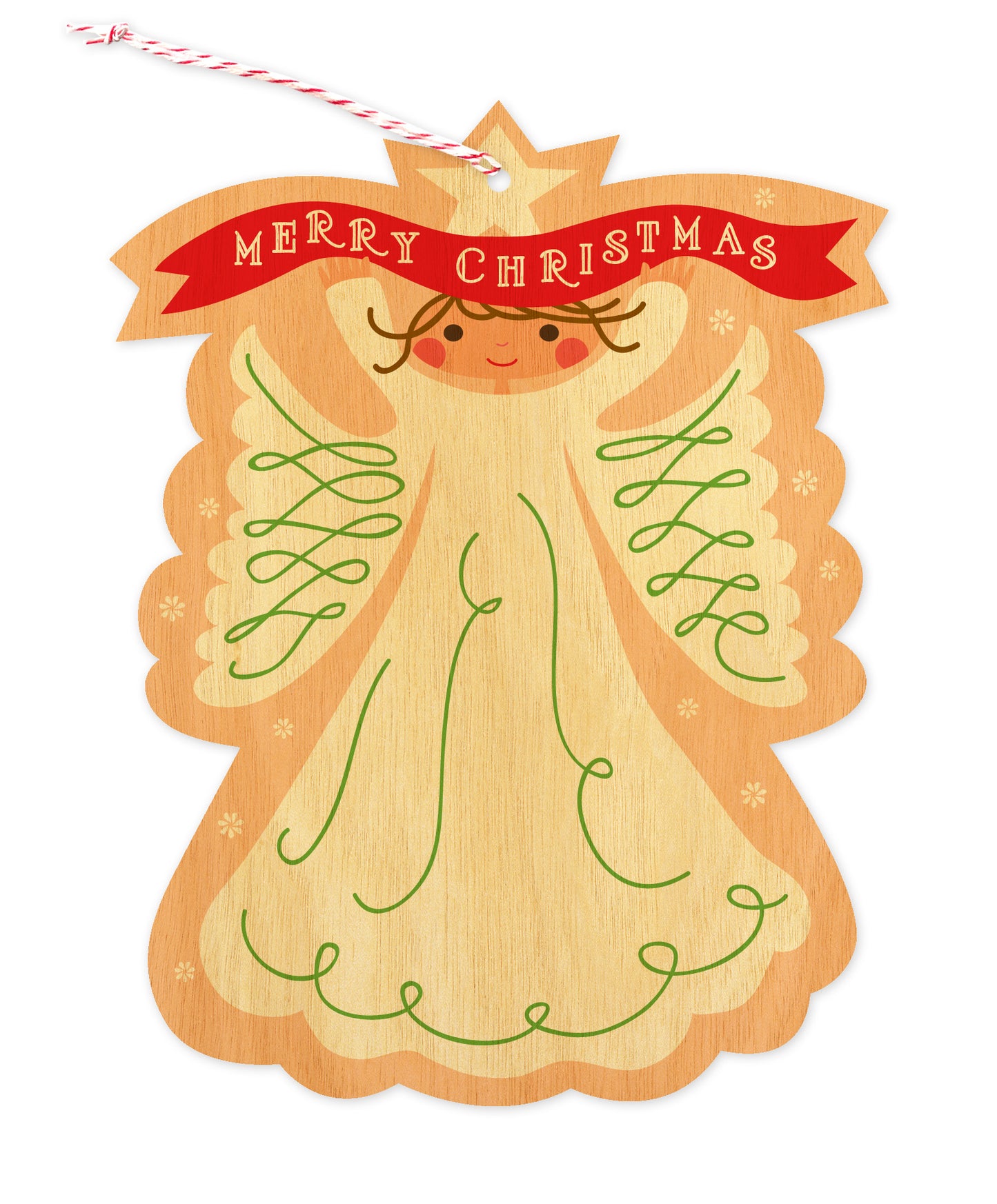 Front of wood holiday ornament card featuring a sweet, traditional angel holding a festive "Merry Christmas" banner. 