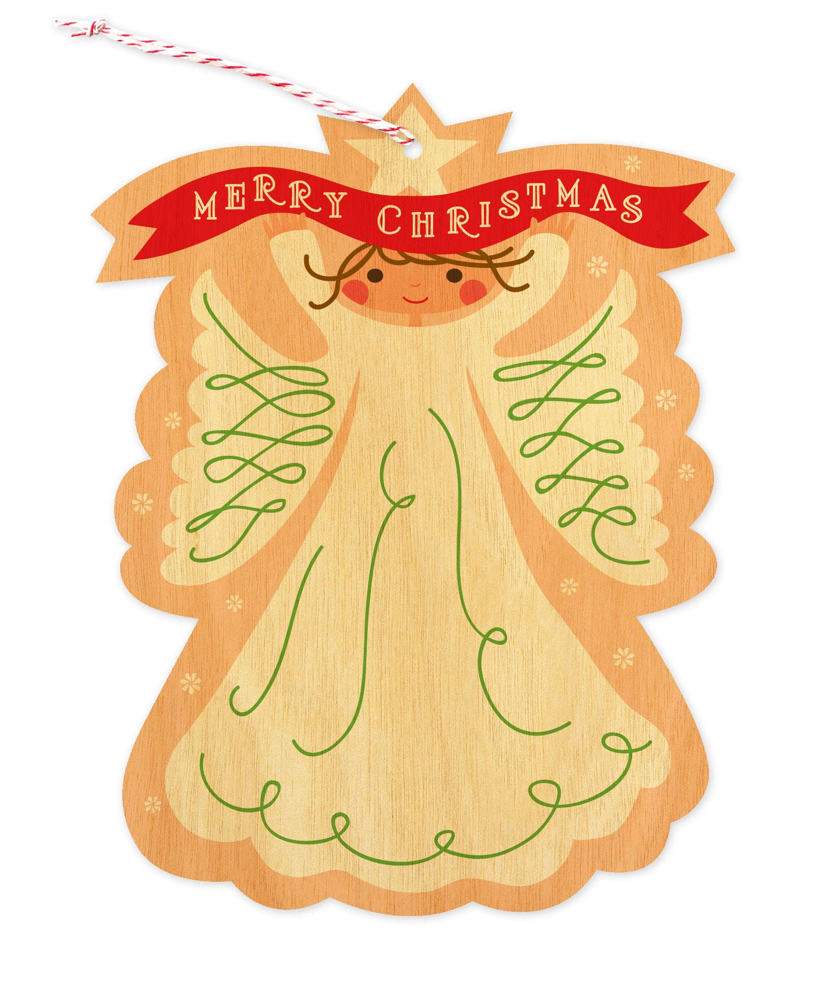Front of wood holiday ornament card featuring a sweet, traditional angel holding a festive "Merry Christmas" banner. 