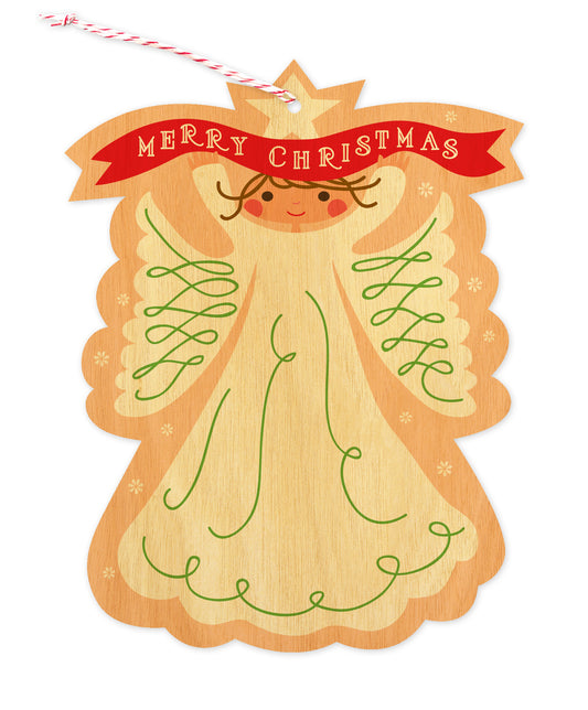 Front of wood holiday ornament card featuring a sweet, traditional angel holding a festive "Merry Christmas" banner. 