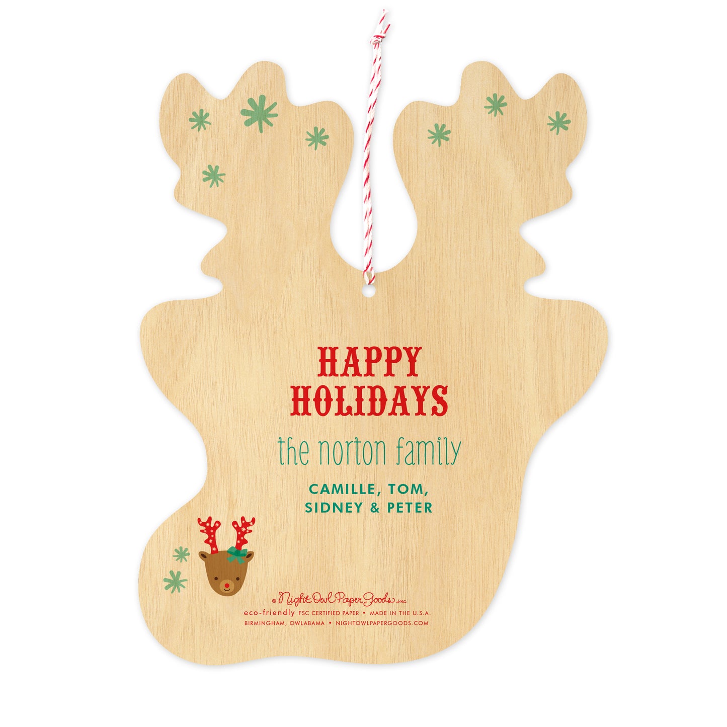 Back of customizable paper holiday ornament card features sentiment 'Happy Holidays' and personalized names. Flat ornament is the shape of reindeer head with antlers and comes with red and white twine. Paper is printed to look like wood.