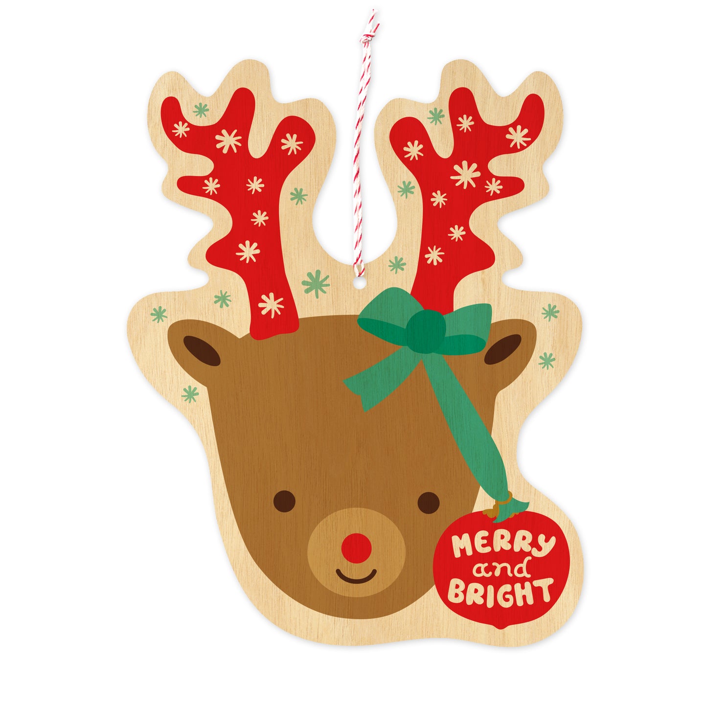 Front of customizable paper holiday ornament card featuring a cute reindeer face with red nose and green bow with red ornament dangling from antlers. The ornament reads, "Merry & Bright". Flat ornament is the shape of reindeer head with antlers and comes with red and white twine. Paper is printed to look like wood.