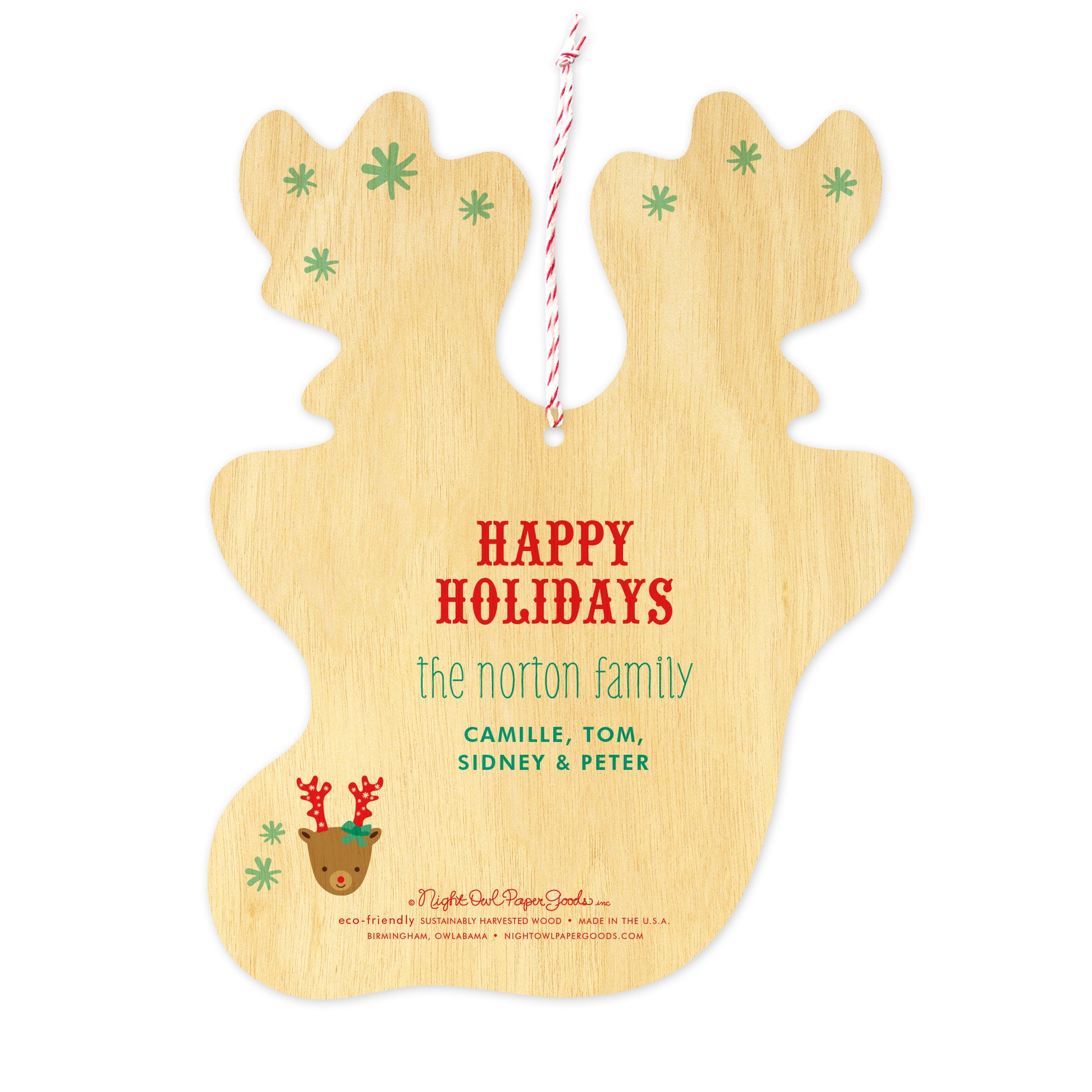 Back of customizable birch wood holiday ornament card features sentiment 'Happy Holidays' and personalized names. Flat ornament is the shape of reindeer head with antlers and comes with red and white twine. 