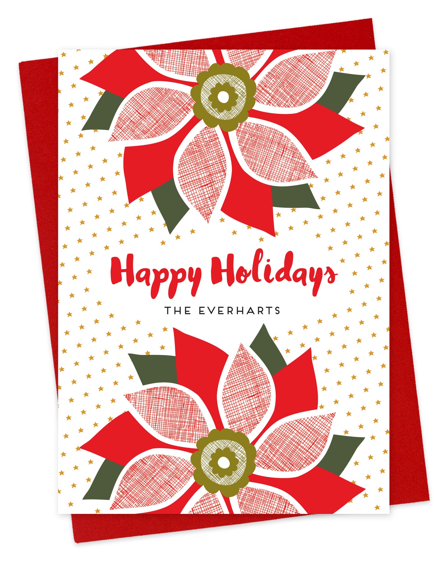 Customizable paper holiday card with red poinsettias, “Happy Holidays” text and a personal message on a white background filled with small gold stars. Shown with a red envelope.
