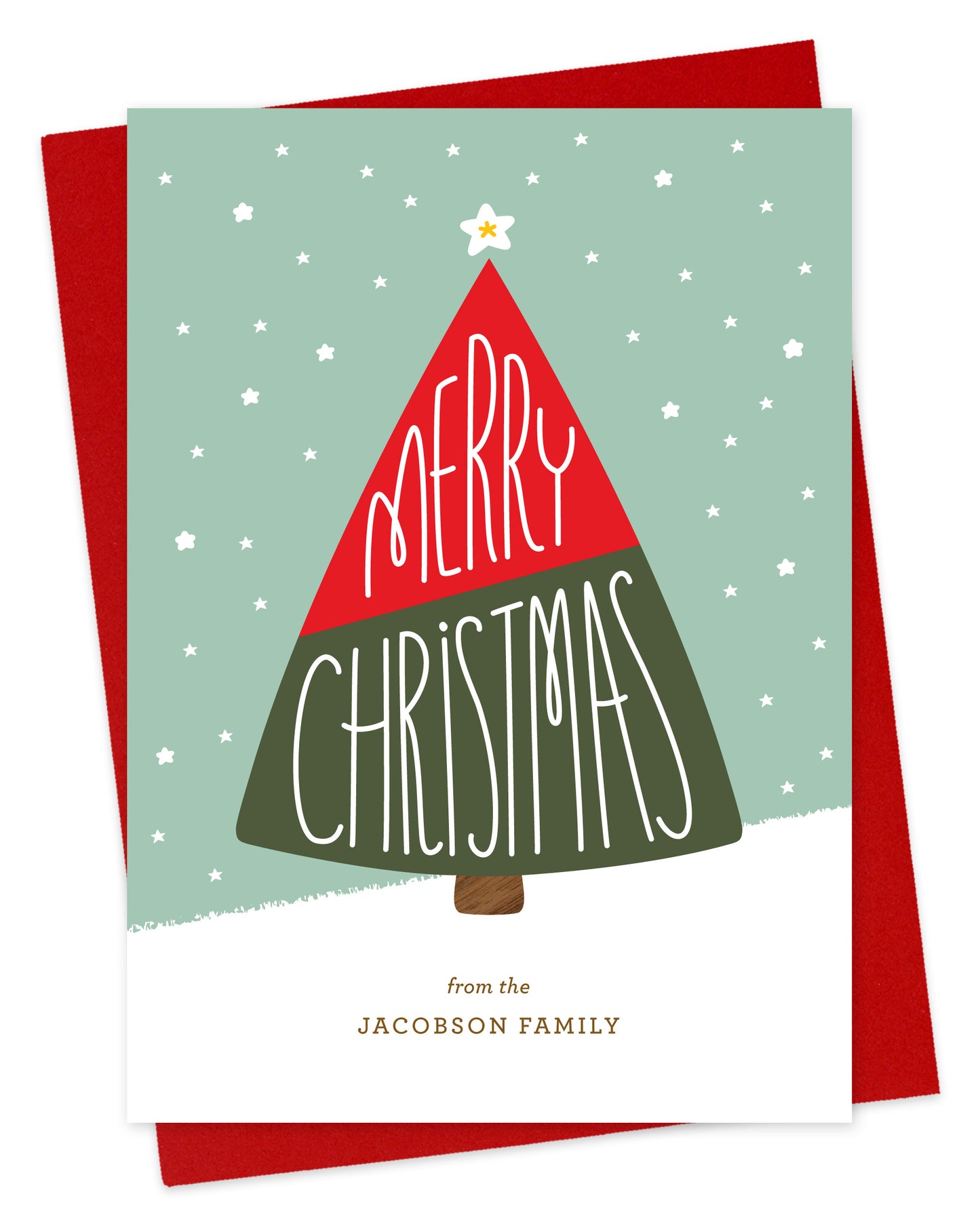 Customizable paper holiday card featuring a red and green Christmas tree with “Merry Christmas” text against a snowy sky. Includes a personal message. Shown with a red envelope.