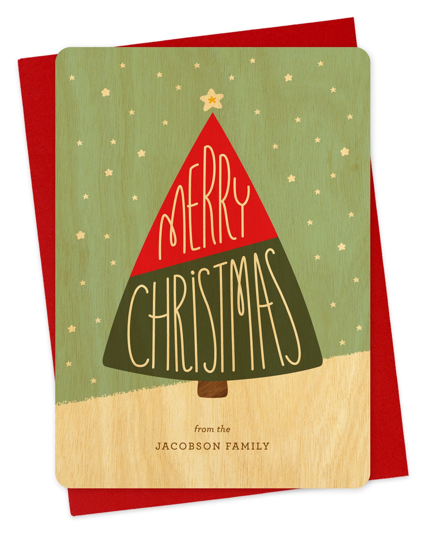 Customizable birch wood holiday card featuring a red and green Christmas tree with “Merry Christmas” text against a snowy sky. Includes a personal message. Shown with a red envelope.