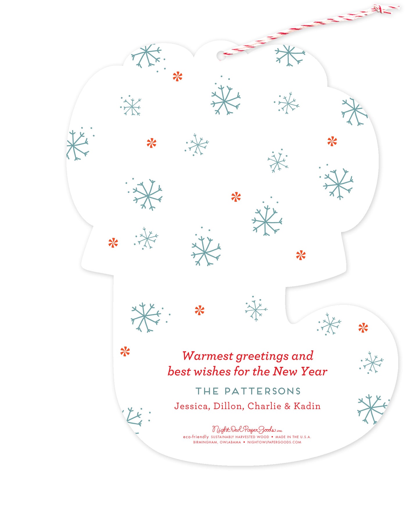 Back of customizable paper Christmas ornament card with snowflakes and a personal message on a white background.