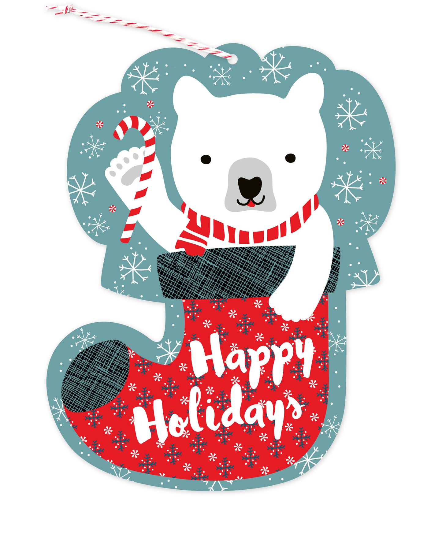 Front of die-cut paper holiday ornament card featuring a polar bear in a festive red stocking with "Happy Holidays" text and a snowy light blue background.