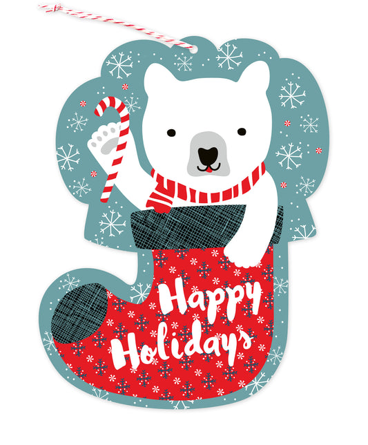 Front of die-cut paper holiday ornament card featuring a polar bear in a festive red stocking with "Happy Holidays" text and a snowy light blue background.