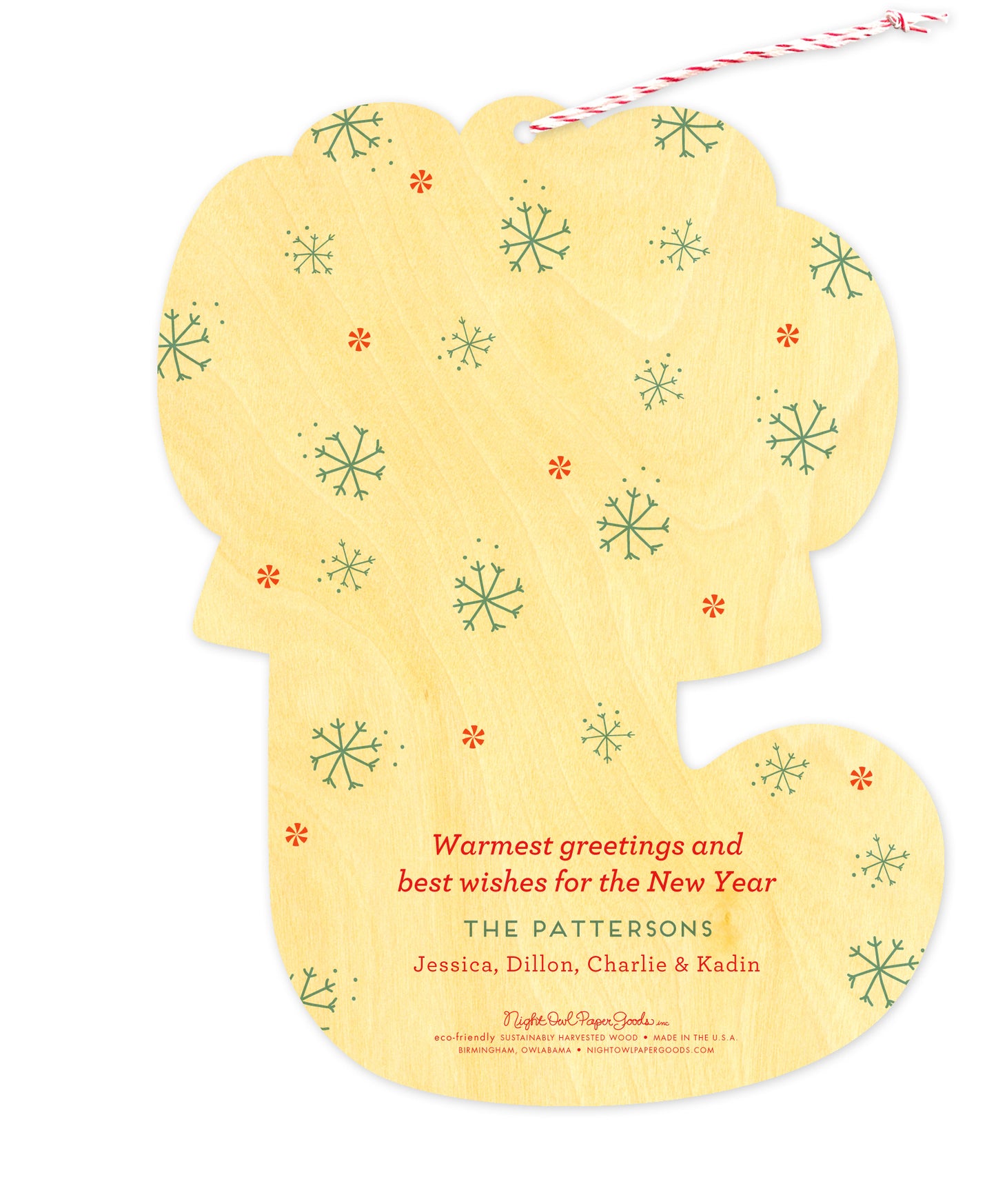 Back of customizable die-cut wood Christmas ornament card with snowflakes and a personal message.