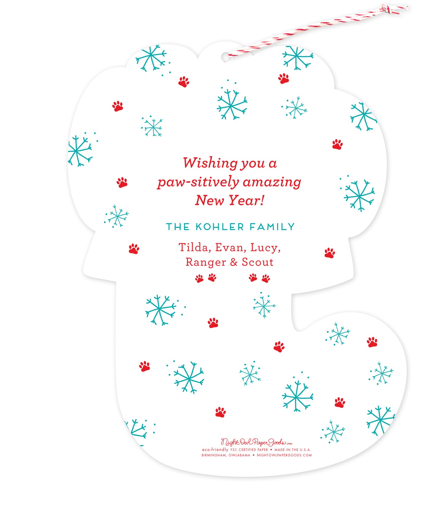 Back of customizable die-cut paper Christmas ornament card with snowflakes, paw prints and a personal message on a white background.