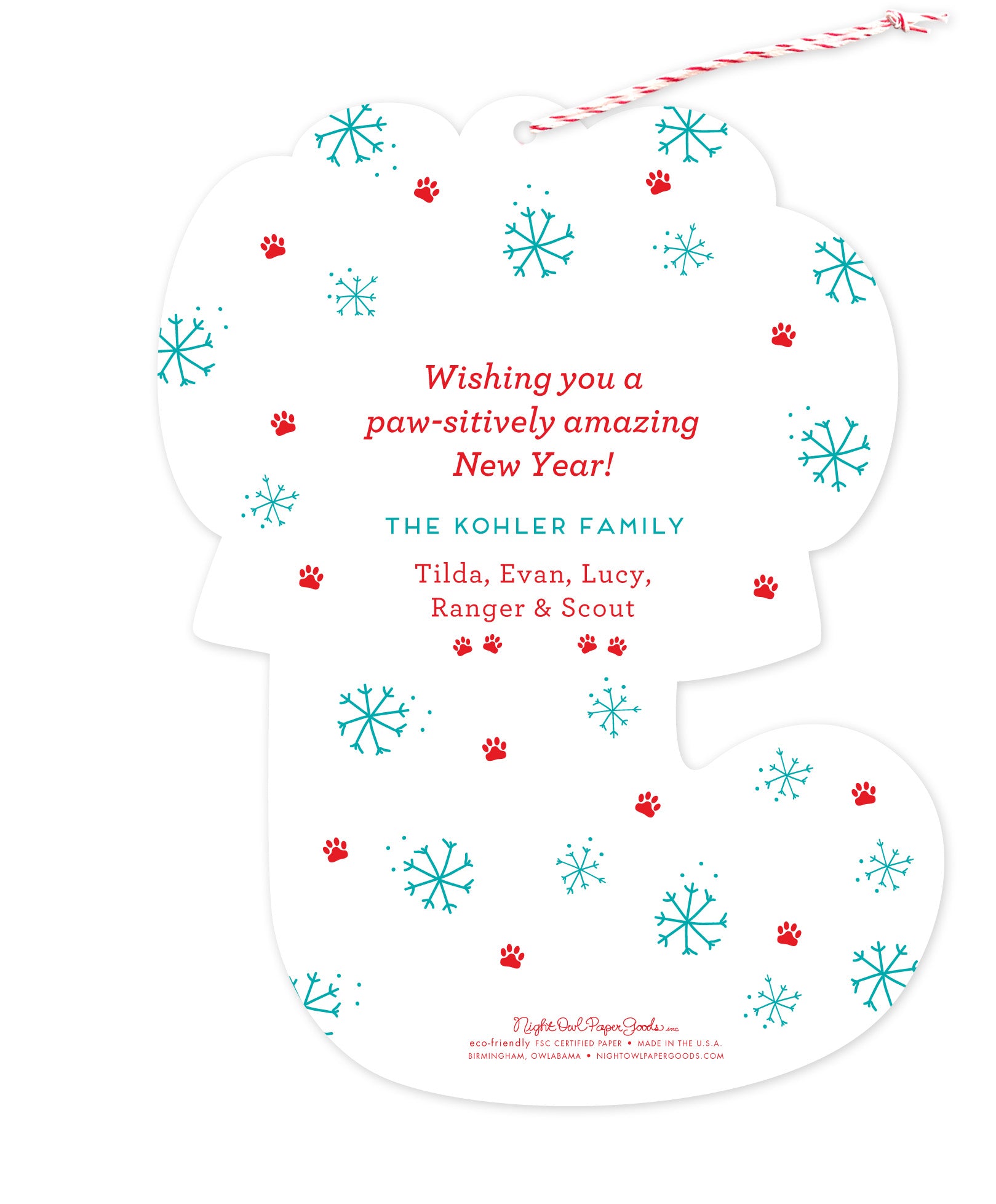 Back of customizable die-cut paper Christmas ornament card with snowflakes, paw prints and a personal message on a white background.