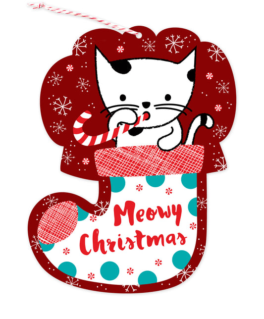Front of die-cut wood holiday ornament card featuring a cat in a festive stocking with "Meowy Christmas" text.